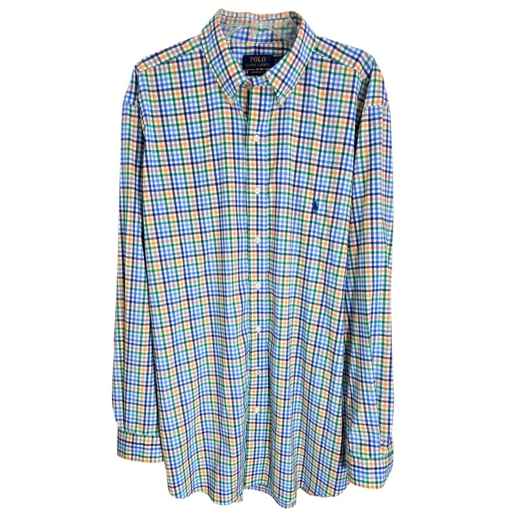 Polo Ralph Lauren Performance Shirt Mens XLT Tall Gingham Check Blue Orange Long